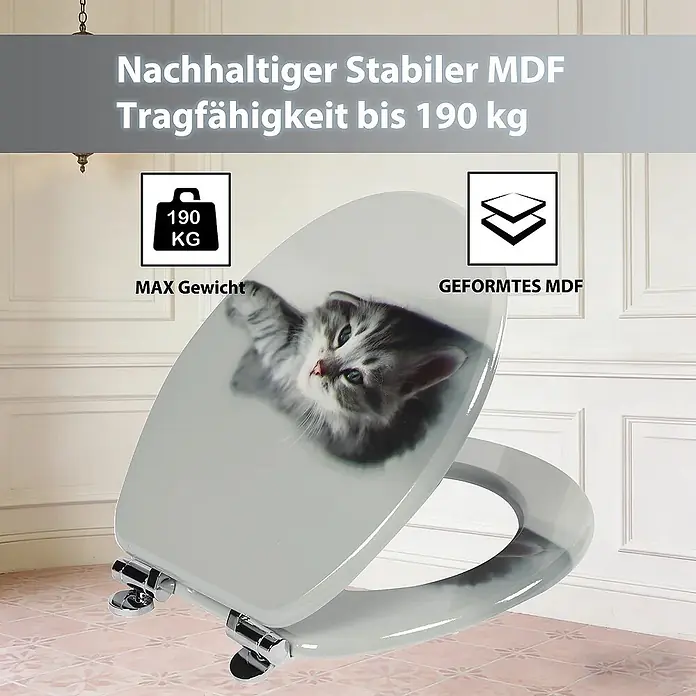 SAINOS WC-Sitz MDF WC-Sitz, Grau, Universal-O-Form, Absenkautomatik, Unten - MDF, Grau, Mit Absenkautomatik - Stabiler MDF Toilettensitz mit Kätzchenmotiv, Tragfähigkeit bis 190 kg.