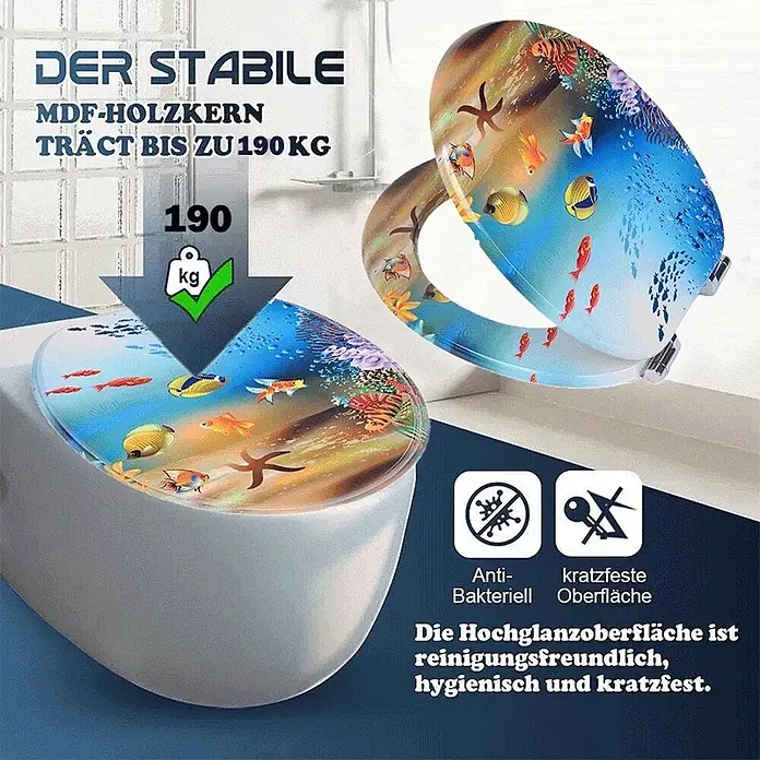 SAINOS WC-Sitz MDF WC-Sitz, Blau, Universal-O-Form, Absenkautomatik, Unten - MDF, Blau, Mit Absenkautomatik - WC-Sitz mit Unterwasserwelt-Design, stabiler MDF-Kern, antibakteriell & kratzfest.