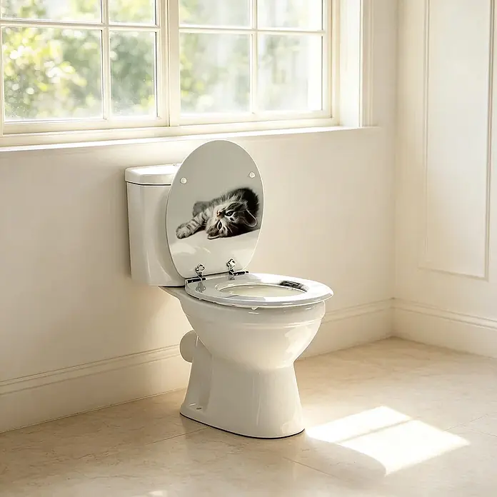 SAINOS WC-Sitz MDF WC-Sitz, Grau, Universal-O-Form, Absenkautomatik, Unten - MDF, Grau, Mit Absenkautomatik - Weißes WC mit geöffnetem Deckel, der ein niedliches Kätzchenmotiv zeigt.