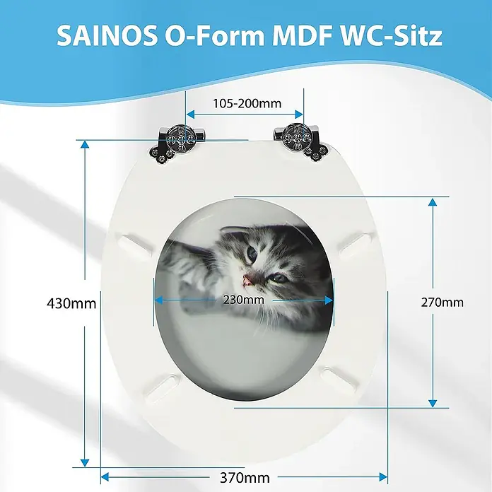 SAINOS WC-Sitz MDF WC-Sitz, Grau, Universal-O-Form, Absenkautomatik, Unten - MDF, Grau, Mit Absenkautomatik - Weißer O-Form MDF WC-Sitz mit Kätzchenmotiv und Maßen: 430x370mm gesamt, 270x230mm Innenloch, 105-200mm Scharnierabstand.