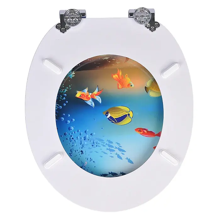 SAINOS WC-Sitz MDF WC-Sitz, Blau, Universal-O-Form, Absenkautomatik, Unten - MDF, Blau, Mit Absenkautomatik - Weißer Toilettensitz mit lebhaftem Aquarium-Design, bunten Fischen und Blasen, sowie Chromscharnieren.