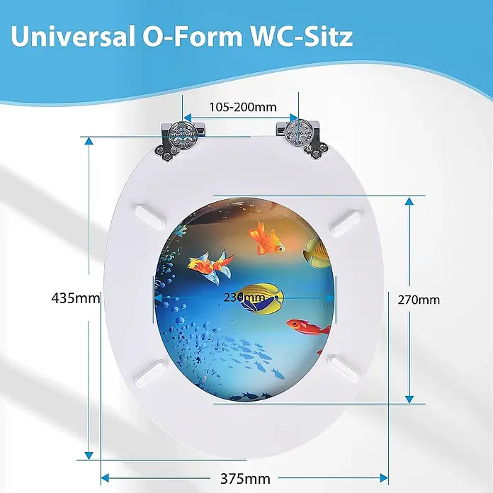 SAINOS WC-Sitz MDF WC-Sitz, Blau, Universal-O-Form, Absenkautomatik, Unten - MDF, Blau, Mit Absenkautomatik - Weißer O-förmiger WC-Sitz mit Fischmotiv, Maße: 435x375mm gesamt, 105-200mm Scharnierabstand.