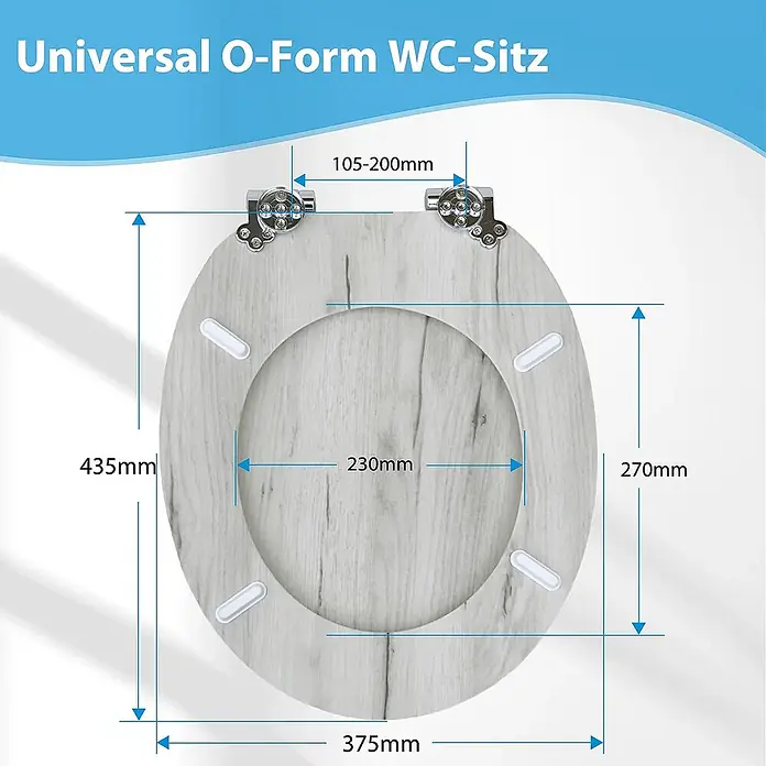 SAINOS WC-Sitz MDF WC-Sitz, Holzoptik, Universal-O-Form, Absenkautomatik, Unten - MDF, Grau, Mit Absenkautomatik - Universal O-Form WC-Sitz mit heller Holzmaserung, alle wichtigen Maße für die Montage sind dargestellt.