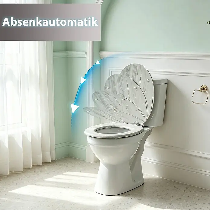 SAINOS WC-Sitz MDF WC-Sitz, Holzoptik, Universal-O-Form, Absenkautomatik, Unten - MDF, Grau, Mit Absenkautomatik - Weißes WC mit dekorativem hellgrauem Sitz und Deckel, zeigt den Absenkautomatik-Mechanismus in Aktion.