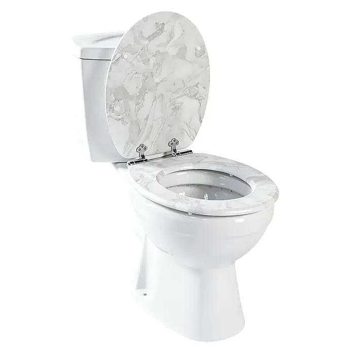 SAINOS WC-Sitz MDF WC-Sitz, Marmormuster, Universal-O-Form, Absenkautomatik, Unten - MDF, Grau, Mit Absenkautomatik - Weiße Toilette mit geöffnetem Deckel und Sitz in Marmoroptik.