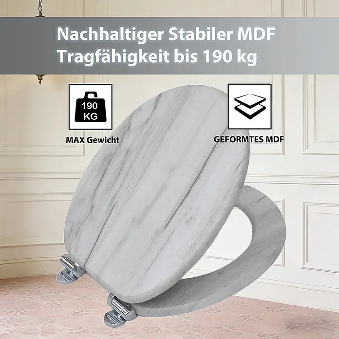 SAINOS WC-Sitz MDF WC-Sitz, Holzoptik, Universal-O-Form, Absenkautomatik, Unten - MDF, Grau, Mit Absenkautomatik - Toilettensitz aus MDF in Weiß-Grau Marmor-Optik, geformt und robust, mit einer Tragfähigkeit bis 190 kg.