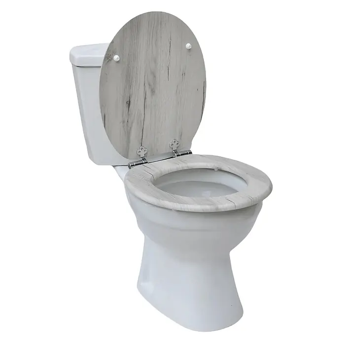 SAINOS WC-Sitz MDF WC-Sitz, Holzoptik, Universal-O-Form, Absenkautomatik, Unten - MDF, Grau, Mit Absenkautomatik - Weißes WC mit geöffnetem Toilettensitz und Deckel in heller Holzoptik.