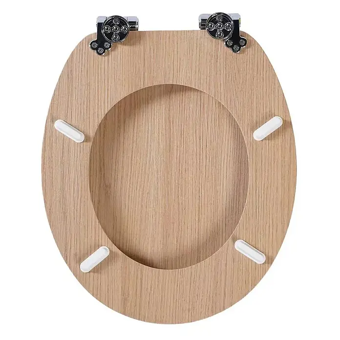 SAINOS WC-Sitz MDF WC-Sitz, Holzoptik, Universal-O-Form, Absenkautomatik, Unten - MDF, Braun, Mit Absenkautomatik - Heller WC-Sitz aus Holz mit Chromscharnieren und vier weißen Gummi-Puffern.