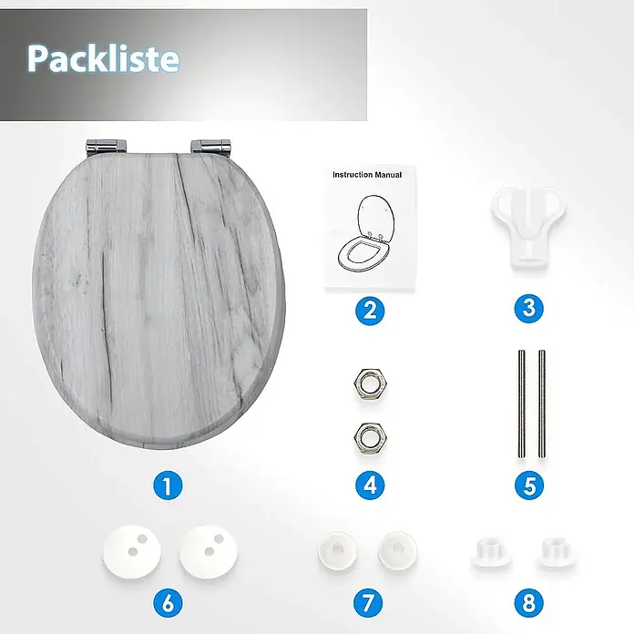 SAINOS WC-Sitz MDF WC-Sitz, Holzoptik, Universal-O-Form, Absenkautomatik, Unten - MDF, Grau, Mit Absenkautomatik - Graue Toilettenbrille in Holzoptik mit Scharnieren, Anleitung und allem Montagezubehör.