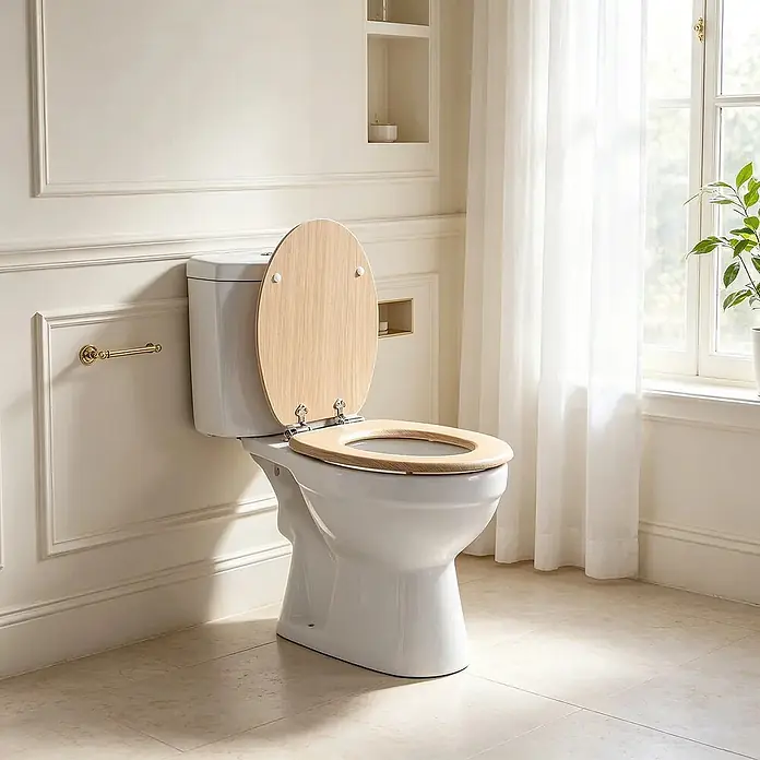SAINOS WC-Sitz MDF WC-Sitz, Holzoptik, Universal-O-Form, Absenkautomatik, Unten - MDF, Braun, Mit Absenkautomatik - Weißes Keramik-WC mit offenem hellem Holz-Toilettensitz und -Deckel in einem hellen Badezimmerambiente.