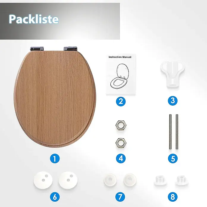 SAINOS WC-Sitz MDF WC-Sitz, Holzoptik, Universal-O-Form, Absenkautomatik, Unten - MDF, Braun, Mit Absenkautomatik - Toilettensitz aus hellem Holz mit Chromscharnieren und komplettem Montagezubehör aus Kunststoff und Metall.
