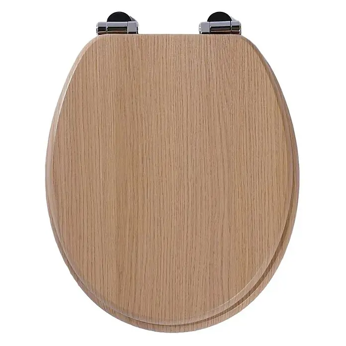 SAINOS WC-Sitz MDF WC-Sitz, Holzoptik, Universal-O-Form, Absenkautomatik, Unten - MDF, Braun, Mit Absenkautomatik - Hellbrauner Toilettensitz aus Holz mit sichtbarer Maserung und Chromscharnieren.
