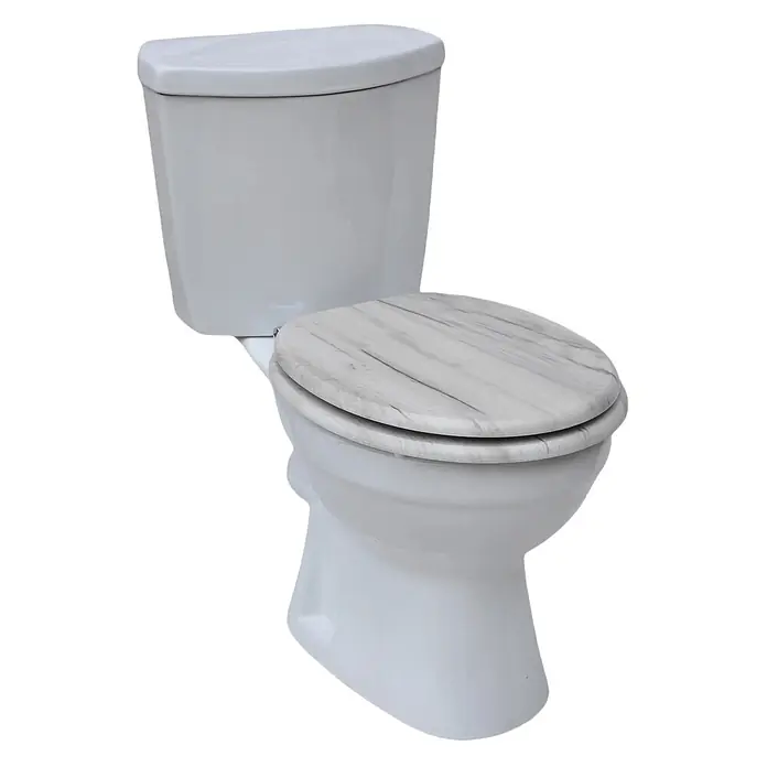 SAINOS WC-Sitz MDF WC-Sitz, Holzoptik, Universal-O-Form, Absenkautomatik, Unten - MDF, Grau, Mit Absenkautomatik - Weißes WC mit grauem Toilettensitz und -deckel in Holzmaserung.