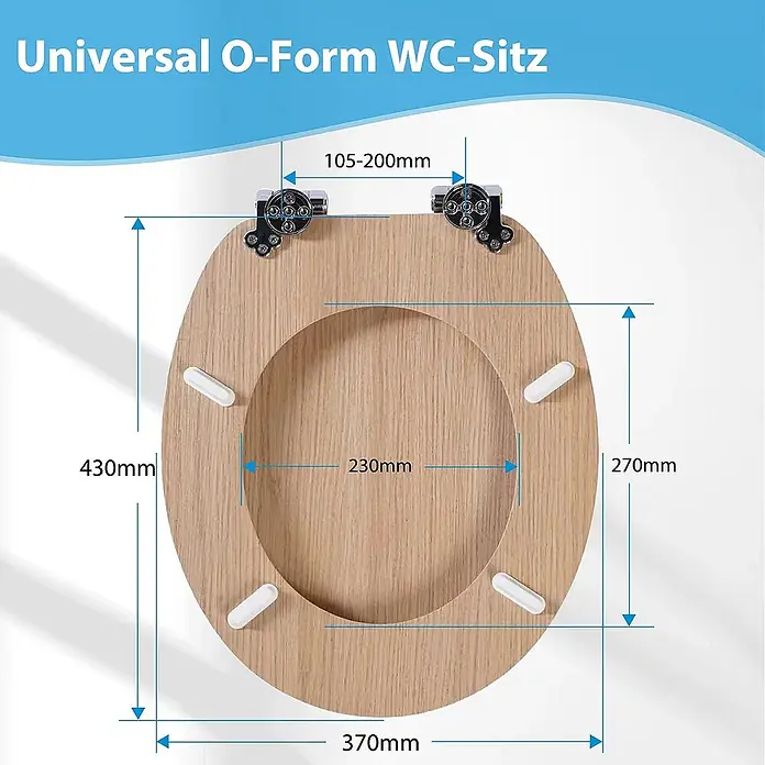 SAINOS WC-Sitz MDF WC-Sitz, Holzoptik, Universal-O-Form, Absenkautomatik, Unten - MDF, Braun, Mit Absenkautomatik - O-förmiger WC-Sitz aus Holz mit Chromscharnieren. Hauptmaße: 430x370mm außen, 230mm Innenbreite, 105-200mm Scharnierabstand.