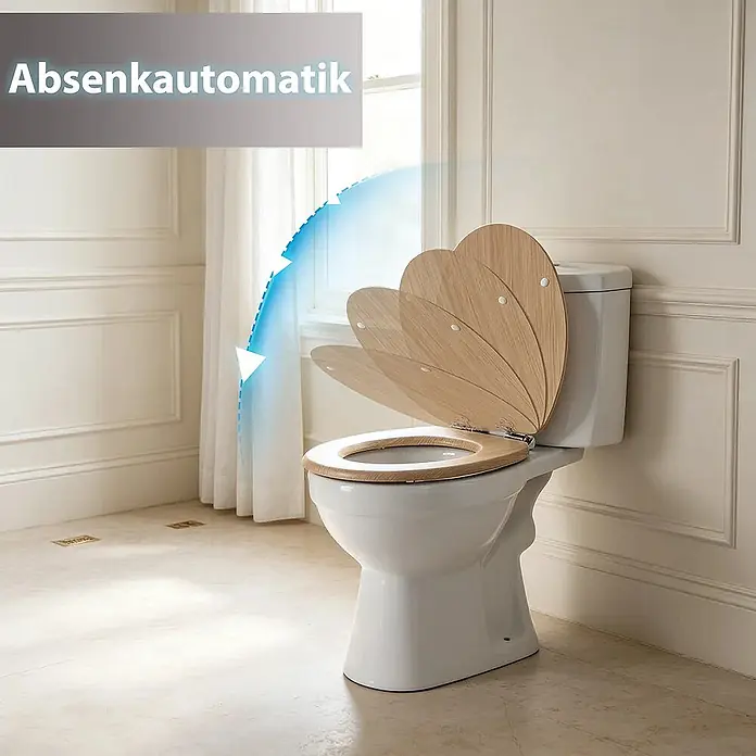 SAINOS WC-Sitz MDF WC-Sitz, Holzoptik, Universal-O-Form, Absenkautomatik, Unten - MDF, Braun, Mit Absenkautomatik - Holz-Toilettensitz in Schmetterlingsform mit Absenkautomatik auf weißem WC.