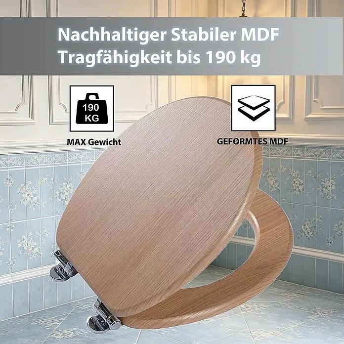 SAINOS WC-Sitz MDF WC-Sitz, Holzoptik, Universal-O-Form, Absenkautomatik, Unten - MDF, Braun, Mit Absenkautomatik - Toilettensitz aus stabilem MDF in Holzoptik (Eiche), bis zu 190 kg belastbar.