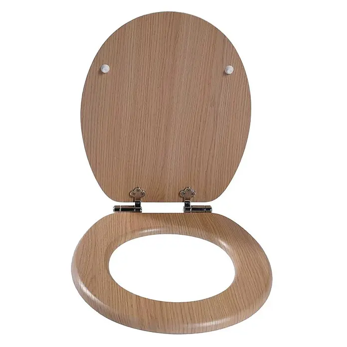 SAINOS WC-Sitz MDF WC-Sitz, Holzoptik, Universal-O-Form, Absenkautomatik, Unten - MDF, Braun, Mit Absenkautomatik - Toilettensitz aus Eichenholz-Optik mit geöffnetem Deckel und Chromscharnieren.