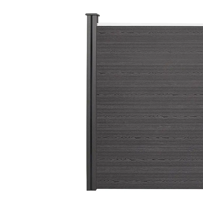 HOME DELUXE Nutleiste aus Gummi DINA - Menge: 1 -  - Dunkelgraue Sichtschutzwand in Holzoptik mit Metallpfosten.