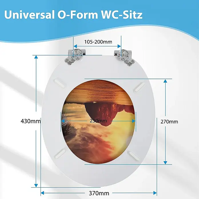 SAINOS WC-Sitz MDF WC-Sitz, Orange, Universal-O-Form, Absenkautomatik, Unten - MDF, Orange, Mit Absenkautomatik - Weißer O-Form WC-Sitz mit dekorativem Naturdruck, verstellbaren Scharnieren und angezeigten Universalmaßen.