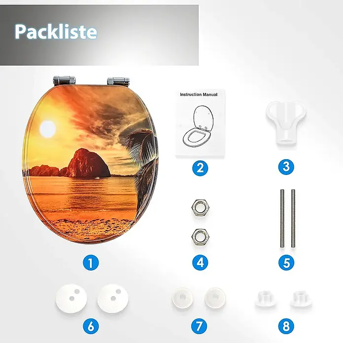 SAINOS WC-Sitz MDF WC-Sitz, Orange, Universal-O-Form, Absenkautomatik, Unten - MDF, Orange, Mit Absenkautomatik - Toilettensitz mit tropischem Sonnenuntergang-Strandmotiv, inklusive Montagematerial und Anleitung.