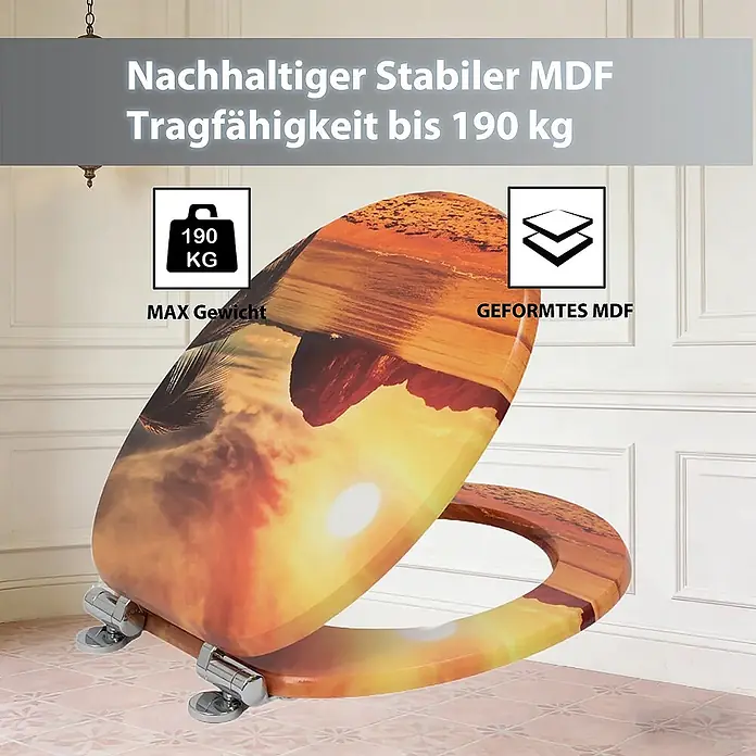 SAINOS WC-Sitz MDF WC-Sitz, Orange, Universal-O-Form, Absenkautomatik, Unten - MDF, Orange, Mit Absenkautomatik - MDF Toilettensitz mit Sonnenuntergangs-/Strandmotiv, belastbar bis 190 kg, geformtes Design.