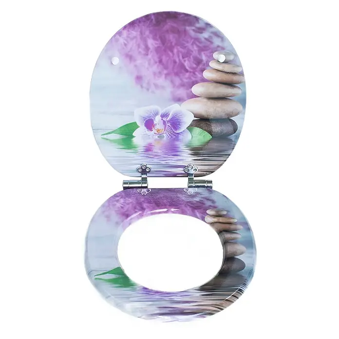 SAINOS WC-Sitz MDF WC-Sitz, Violett, Universal-O-Form, Absenkautomatik, Unten - MDF, Violett, Mit Absenkautomatik - Dekorativer Toilettensitz mit lila Orchideen-, Zen-Steine- und Wassermuster. Mit Chromscharnieren.