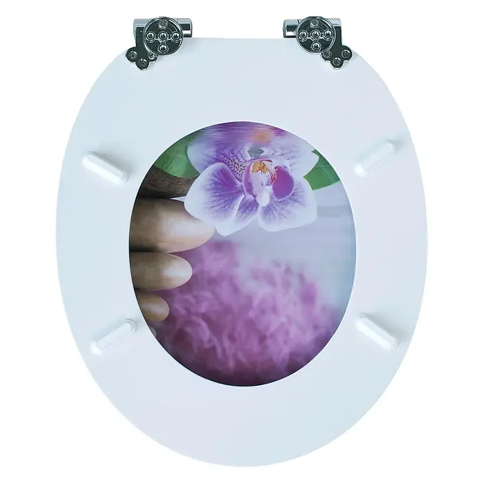 SAINOS WC-Sitz MDF WC-Sitz, Violett, Universal-O-Form, Absenkautomatik, Unten - MDF, Violett, Mit Absenkautomatik - Weißer WC-Sitz mit Chromscharnieren und einem Motiv aus lila Orchidee und Spa.