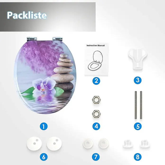 SAINOS WC-Sitz MDF WC-Sitz, Violett, Universal-O-Form, Absenkautomatik, Unten - MDF, Violett, Mit Absenkautomatik - Dekorativer Toilettensitz mit Orchideen- und Steinmotiv, zusammen mit Anleitung und verschiedenen Montageteilen.
