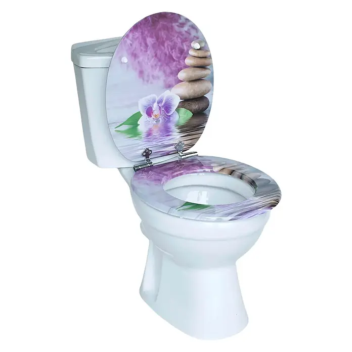 SAINOS WC-Sitz MDF WC-Sitz, Violett, Universal-O-Form, Absenkautomatik, Unten - MDF, Violett, Mit Absenkautomatik - Weißes WC mit dekorativem Sitz und Deckel mit lila Orchideen- und Steinmotiv.