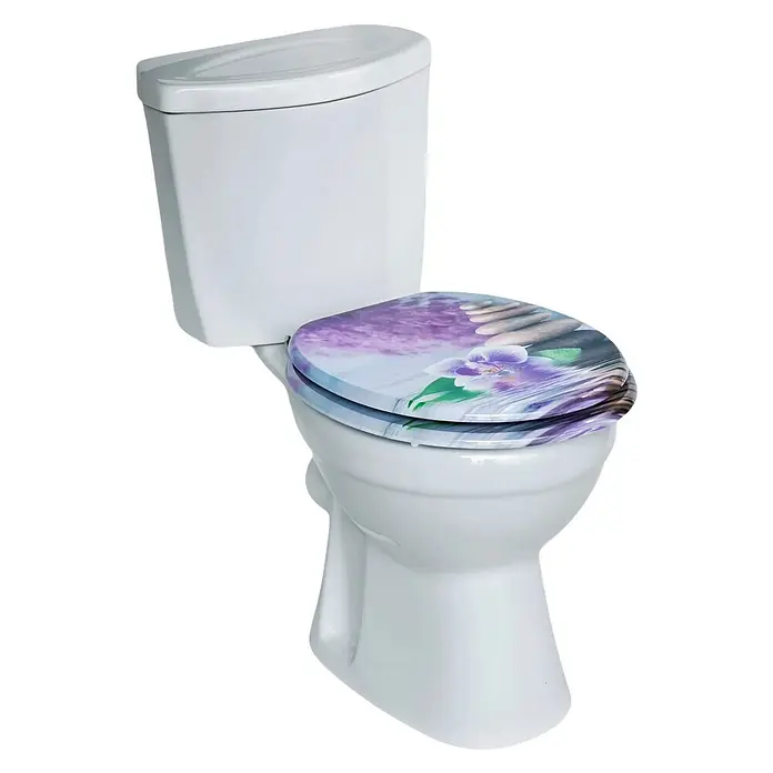 SAINOS WC-Sitz MDF WC-Sitz, Violett, Universal-O-Form, Absenkautomatik, Unten - MDF, Violett, Mit Absenkautomatik - Weißes Porzellan-WC mit lila, blumigem und Zen-Motiv Toilettensitz.