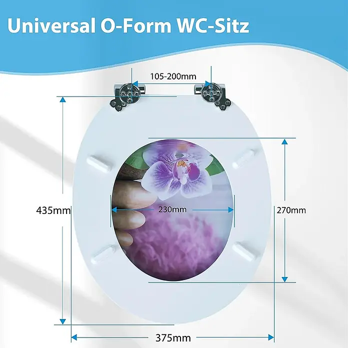 SAINOS WC-Sitz MDF WC-Sitz, Violett, Universal-O-Form, Absenkautomatik, Unten - MDF, Violett, Mit Absenkautomatik - Universeller weißer O-Form WC-Sitz mit lila Orchideenmotiv und Maßen.