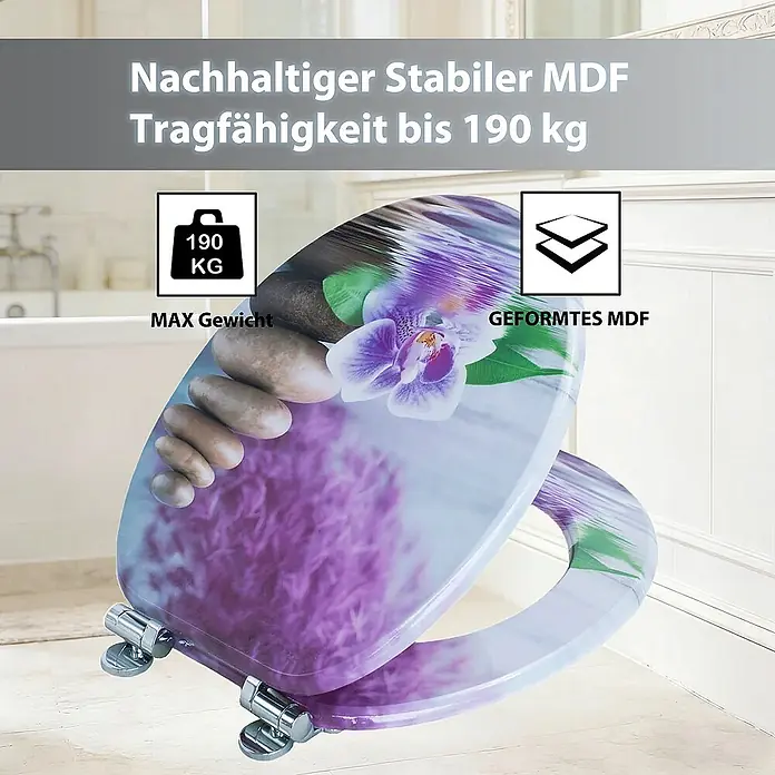 SAINOS WC-Sitz MDF WC-Sitz, Violett, Universal-O-Form, Absenkautomatik, Unten - MDF, Violett, Mit Absenkautomatik - Toilettensitz aus geformtem MDF mit lila Orchideen- und Zen-Steinmotiv, belastbar bis 190 kg.