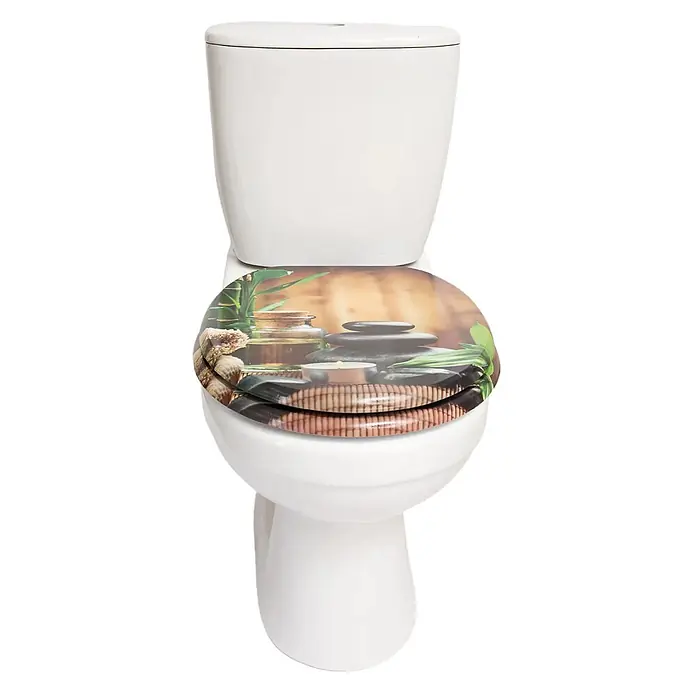SAINOS WC-Sitz MDF WC-Sitz, Universal-O-Form, Absenkautomatik, Unten - MDF, Braun, Mit Absenkautomatik - Weiße Toilette mit dekorativem Sitz, bedruckt mit Spa-Motiv aus Steinen, Bambus und Öl.