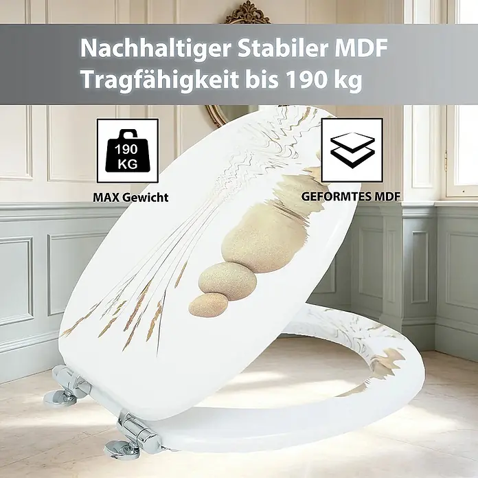 SAINOS WC-Sitz MDF WC-Sitz, Universal-O-Form, Absenkautomatik, Unten - MDF, Beige, Mit Absenkautomatik - Weißer MDF WC-Sitz mit Kiesel- und Schilfdesign, Tragfähigkeit bis 190 kg.