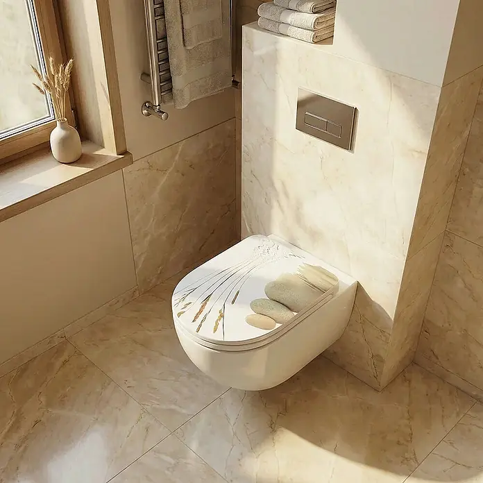 SAINOS WC-Sitz MDF WC-Sitz, Universal-O-Form, Absenkautomatik, Unten - MDF, Beige, Mit Absenkautomatik - Weißes Wand-WC mit dekorativem Deckel im Schilf- und Kieselstein-Design in einem modernen Badezimmer.