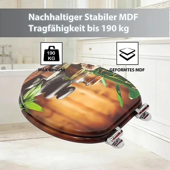 SAINOS WC-Sitz MDF WC-Sitz, Universal-O-Form, Absenkautomatik, Unten - MDF, Braun, Mit Absenkautomatik - Stabiler MDF Toilettensitz mit Zen-Motiv (Bambus, Steine), belastbar bis 190 kg.