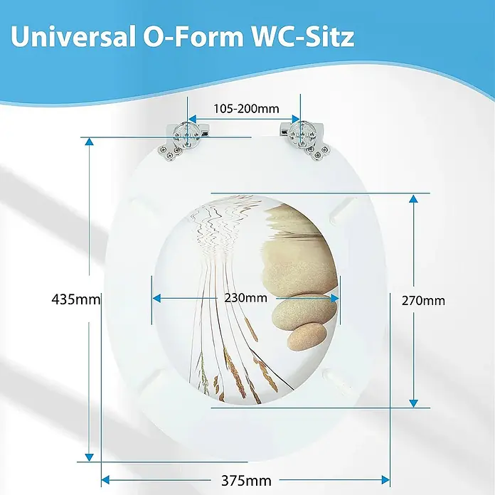 SAINOS WC-Sitz MDF WC-Sitz, Universal-O-Form, Absenkautomatik, Unten - MDF, Beige, Mit Absenkautomatik - Weißer O-förmiger WC-Sitz mit Naturmotiv und Maßangaben, verstellbare Scharniere 105-200mm.