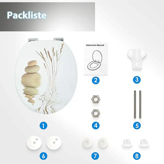 SAINOS WC-Sitz MDF WC-Sitz, Universal-O-Form, Absenkautomatik, Unten - MDF, Beige, Mit Absenkautomatik - Toilettensitz mit Zen-Design und kompletten Montageteilen: Anleitung, Schlüssel, Schrauben, Muttern, Unterlegscheiben und Befestigungen.