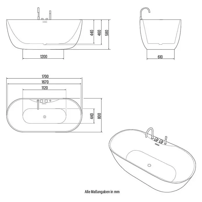 Home Deluxe Freistehende Badewanne LENI inkl. silberner Armatur - Weiß - Technische Zeichnung einer freistehenden ovalen Badewanne mit allen Abmessungen.
