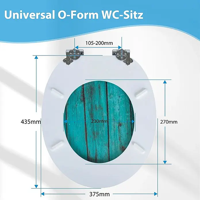 SAINOS WC-Sitz MDF WC-Sitz, Blau, Universal-O-Form, Absenkautomatik, Unten - MDF, Blau, Mit Absenkautomatik - Weißer O-förmiger WC-Sitz mit grüner Holzmaserung, der detaillierte Maße für universelle Passform zeigt.