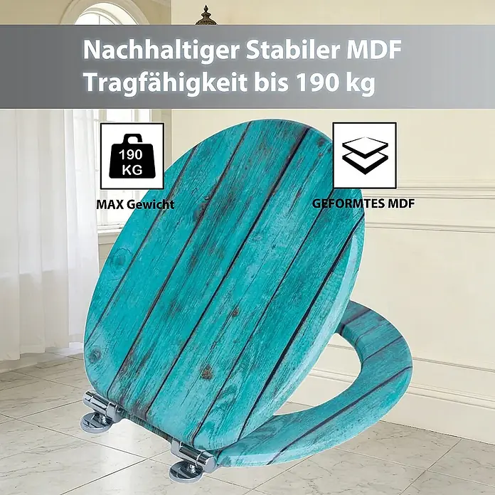 SAINOS WC-Sitz MDF WC-Sitz, Blau, Universal-O-Form, Absenkautomatik, Unten - MDF, Blau, Mit Absenkautomatik - Türkiser WC-Sitz aus MDF in Holzoptik, nachhaltig und stabil, bis 190 kg Tragkraft.