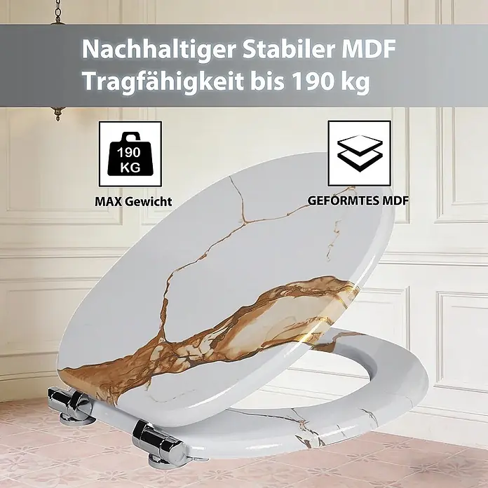 SAINOS WC-Sitz MDF WC-Sitz, Marmormuster, Universal-O-Form, Absenkautomatik, Unten - MDF, Beige, Mit Absenkautomatik - Weißer MDF-Toilettensitz mit goldenem Marmormuster, belastbar bis 190 kg, aus geformtem MDF.