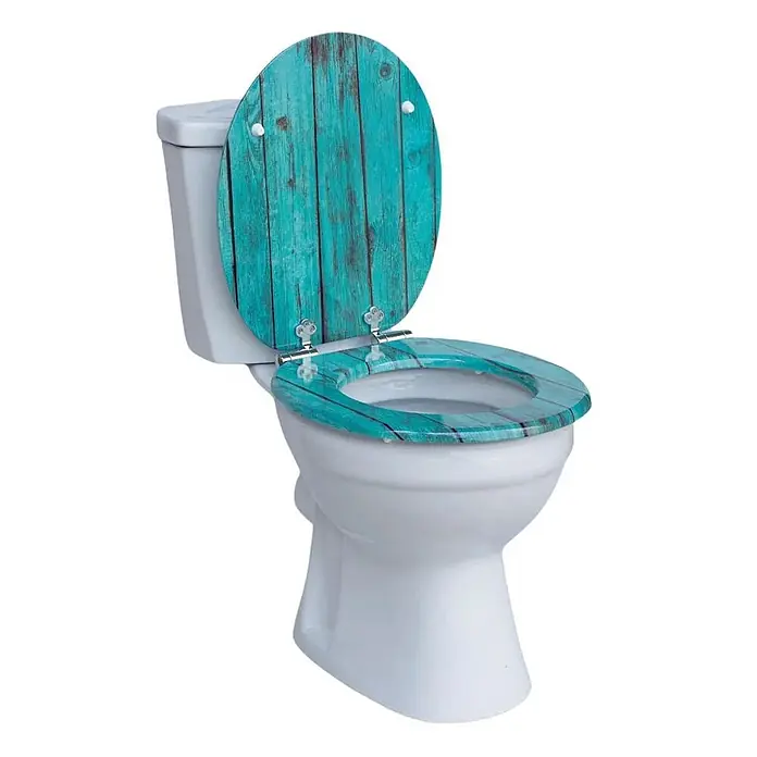 SAINOS WC-Sitz MDF WC-Sitz, Blau, Universal-O-Form, Absenkautomatik, Unten - MDF, Blau, Mit Absenkautomatik - WC mit türkisfarbenem Holzmaserungs-Sitz und passendem Deckel.