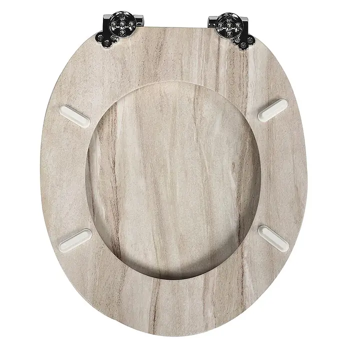 SAINOS WC-Sitz MDF WC-Sitz, Beige, Universal-O-Form, Absenkautomatik, Unten - MDF, Beige, Mit Absenkautomatik - Ovaler Toilettensitz mit hellem Marmoreffekt-Muster und polierten Chromscharnieren.