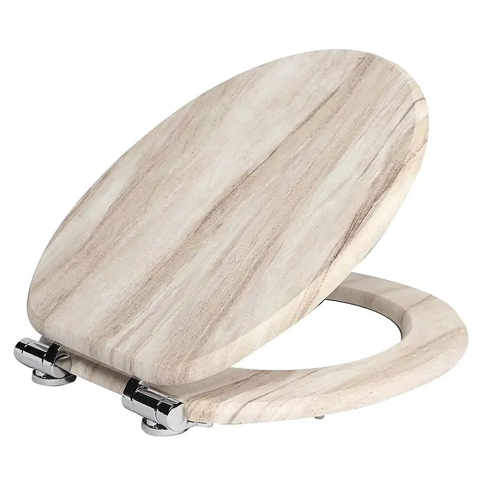SAINOS WC-Sitz MDF WC-Sitz, Beige, Universal-O-Form, Absenkautomatik, Unten - MDF, Beige, Mit Absenkautomatik - Helle Toilettenbrille in Holzoptik mit beiger und brauner Maserung, offen.