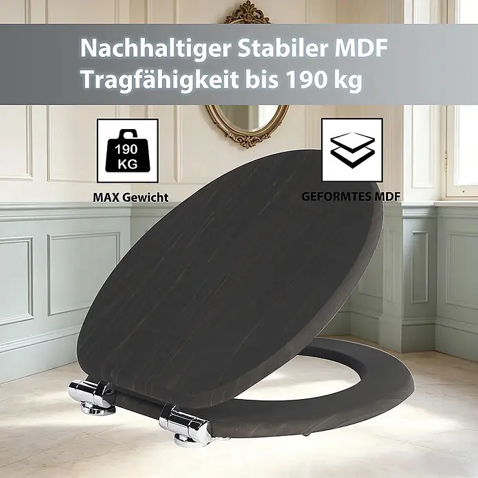 SAINOS WC-Sitz MDF WC-Sitz, Holzoptik, Universal-O-Form, Absenkautomatik, Unten - MDF, Braun, Mit Absenkautomatik - Dunkelbrauner Toilettensitz aus geformtem MDF, belastbar bis 190 kg.
