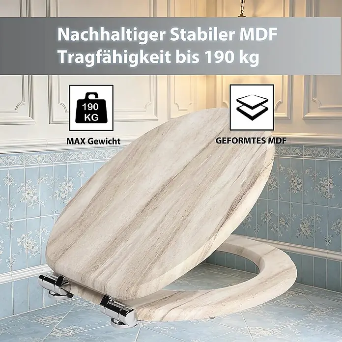 SAINOS WC-Sitz MDF WC-Sitz, Beige, Universal-O-Form, Absenkautomatik, Unten - MDF, Beige, Mit Absenkautomatik - WC-Sitz aus MDF in Holzmaserung im Bad, hebt die Tragfähigkeit von 190 kg und das robuste Material hervor.