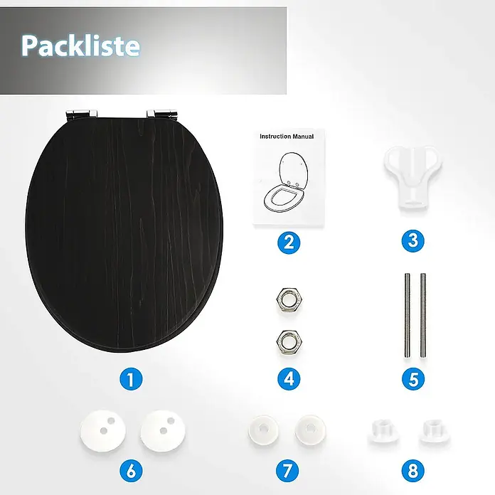 SAINOS WC-Sitz MDF WC-Sitz, Holzoptik, Universal-O-Form, Absenkautomatik, Unten - MDF, Braun, Mit Absenkautomatik - Schwarzer Toilettensitz aus Holz mit Scharnieren, Anleitung und Montagezubehör.