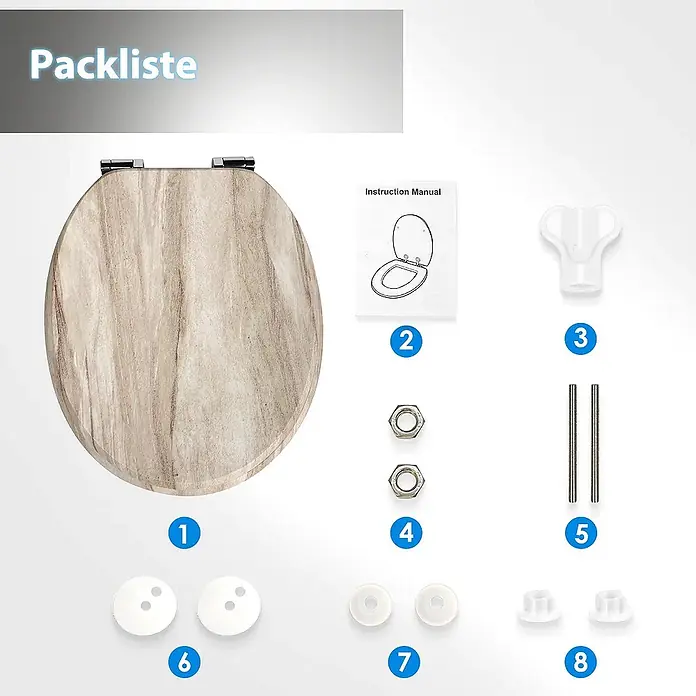 SAINOS WC-Sitz MDF WC-Sitz, Beige, Universal-O-Form, Absenkautomatik, Unten - MDF, Beige, Mit Absenkautomatik - WC-Sitz mit heller Holzmaserung und Chromscharnieren sowie komplettem Montagesatz mit Schrauben, Muttern, Unterlegscheiben und Werkzeug.