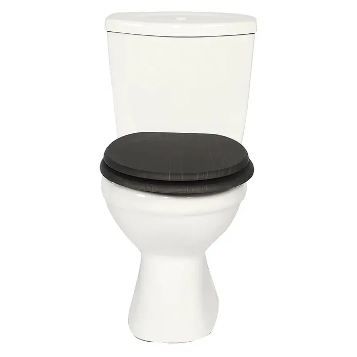 SAINOS WC-Sitz MDF WC-Sitz, Holzoptik, Universal-O-Form, Absenkautomatik, Unten - MDF, Braun, Mit Absenkautomatik - Weißes WC mit dunklem, braunem Toilettensitz und Deckel aus Holz.